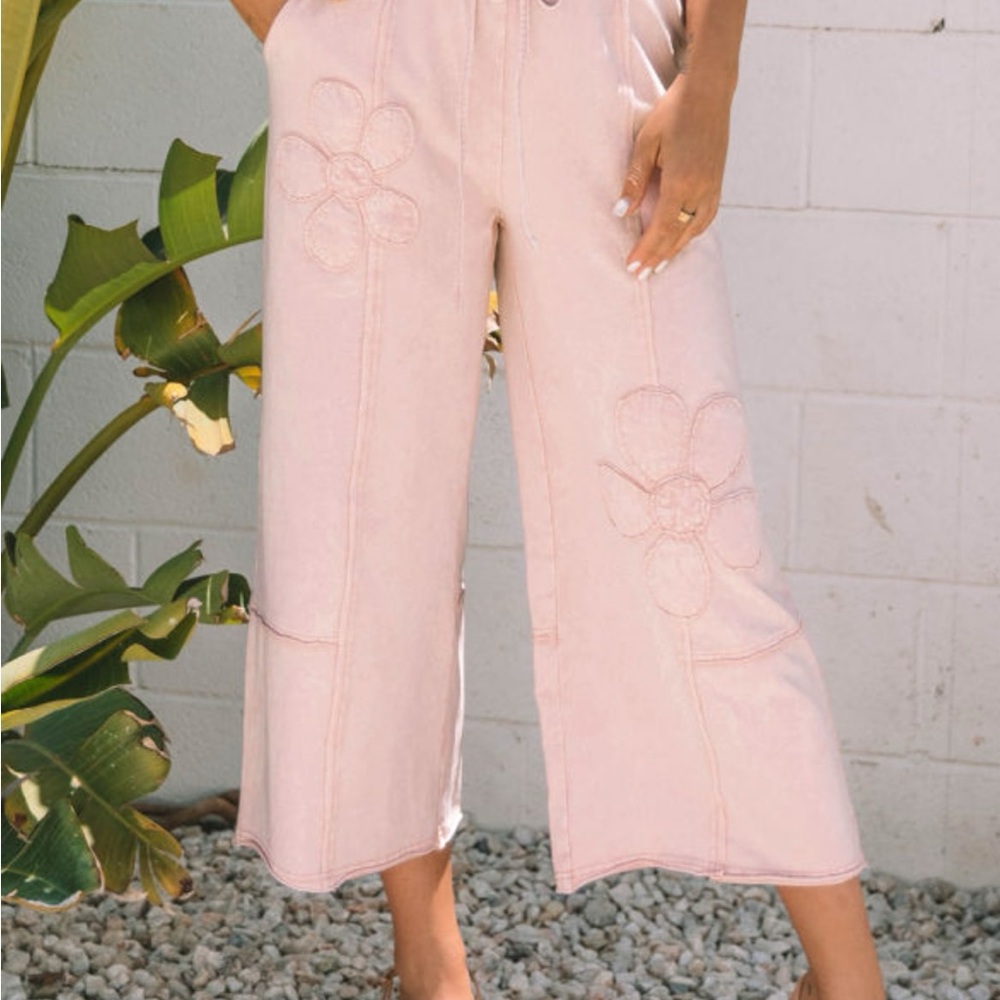 Pink Floral Embroidered Women's Pants